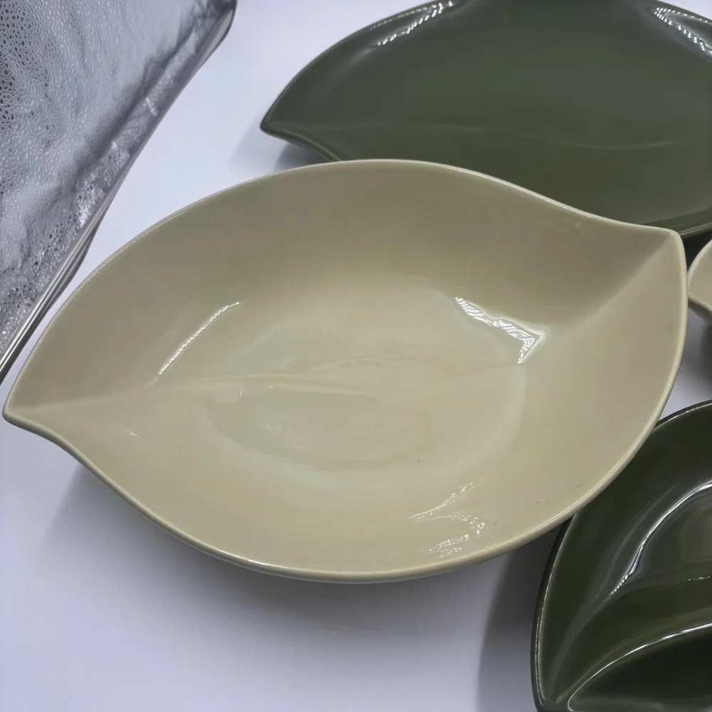 NWOT Crate & Barrel 7-Pc Ceramic Leaf Serving Set - Olive Green